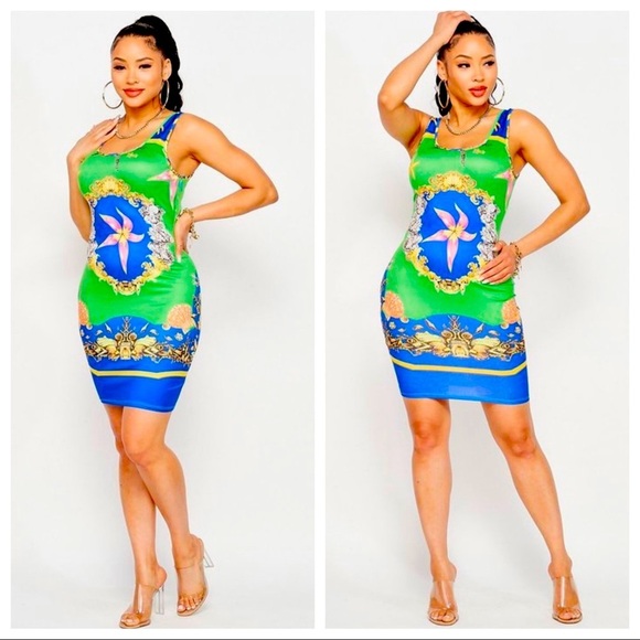 J.ELISE BOUTIQUE NEW GREEN BLUE GRAPHIC DESIGN PRINT FITTED MIDI TANK TOP DRESS - Picture 1 of 5